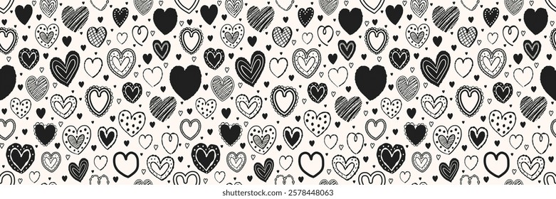 Seamless pattern with hand drawn hearts. Background with elements in cartoon style. Doodles. Design for Valentine’s Day, Mother’s Day and Women’s Day. Vector illustration
