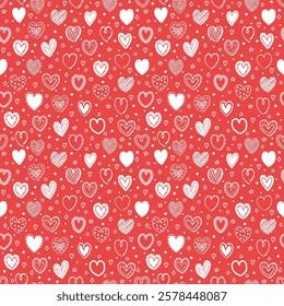 Seamless pattern with hand drawn hearts. Background with elements in cartoon style. Doodles. Design for Valentine’s Day, Mother’s Day and Women’s Day. Vector illustration