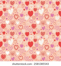 Seamless pattern with hand drawn hearts. Background with elements in cartoon style. Doodles. Design for Valentine’s Day, Mother’s Day and Women’s Day. Vector illustration