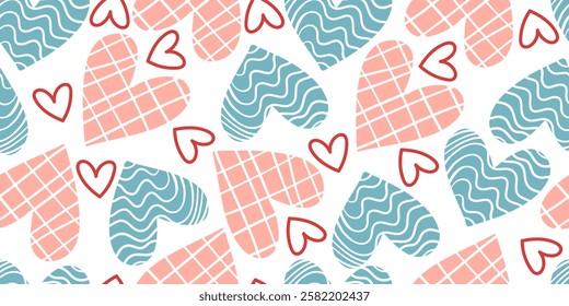 Seamless pattern with hand drawn hearts. Vector illustration. Romantic texture. Colorful doodle hearts modern background. Template for design, postcards, print, poster, party, Valentine s day, textile