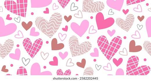 Seamless pattern with hand drawn hearts. Vector illustration. Romantic texture. Colorful doodle hearts modern background. Template for design, postcards, print, poster, party, Valentine s day, textile