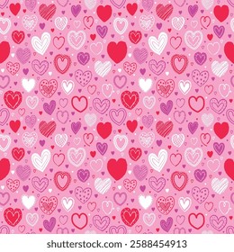 Seamless pattern with hand drawn hearts. Background with elements in cartoon style. Doodles. Design for Valentine’s Day, Mother’s Day and Women’s Day. Vector illustration