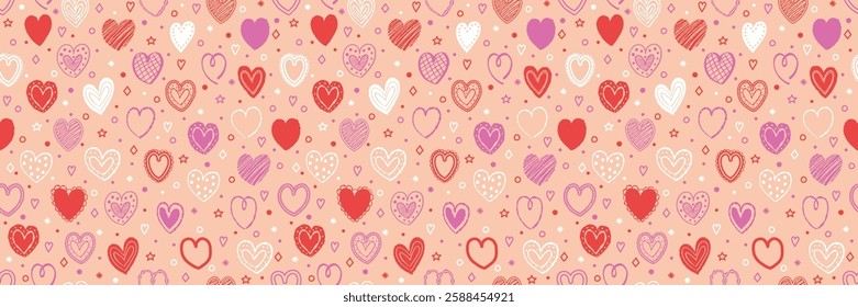 Seamless pattern with hand drawn hearts. Background with elements in cartoon style. Doodles. Design for Valentine’s Day, Mother’s Day and Women’s Day. Vector illustration