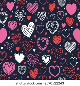 Seamless pattern with hand drawn hearts. Background with elements in cartoon style. Doodles. Design for Valentine’s Day, Mother’s Day and Women’s Day. Vector illustration