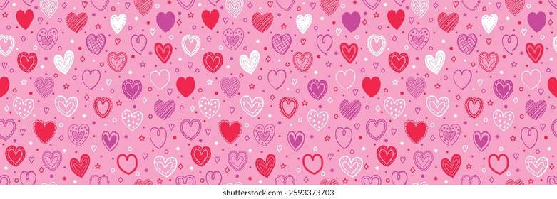 Seamless pattern with hand drawn hearts. Background with elements in cartoon style. Doodles. Design for Valentine’s Day, Mother’s Day and Women’s Day. Vector illustration