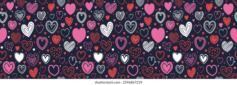 Seamless pattern with hand drawn hearts. Background with elements in cartoon style. Doodles. Design for Valentine’s Day, Mother’s Day and Women’s Day. Vector illustration