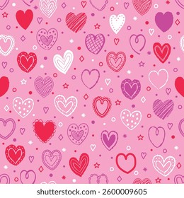 Seamless pattern with hand drawn hearts. Background with elements in cartoon style. Doodles. Design for Valentine’s Day, Mother’s Day and Women’s Day. Vector illustration