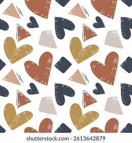 Seamless pattern with hand drawn hearts and simple geometric shapes. Doodle background with cute hearts. 