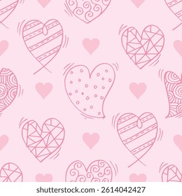 Seamless pattern with hand drawn hearts on pink background. Vector illustration.
