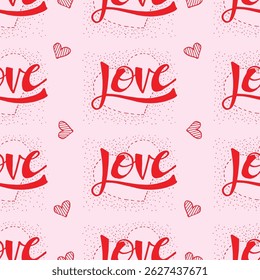 Seamless pattern with hand drawn hearts and text Love. Vector illustration.