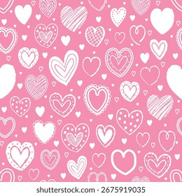 Seamless pattern with hand drawn hearts. Background with elements in cartoon style. Doodles. Design for Valentine’s Day, Mother’s Day and Women’s Day. Vector illustration
