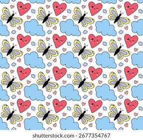 Seamless pattern with hand drawn hearts and butterflies. Doodles. Design for Valentine’s Day, Mother’s Day and Women’s Day. Vector illustration