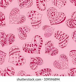 Seamless pattern with hand drawn hearts in zentangle style. Pattern for coloring book. Coloring page for adult anti stress. Made by trace from sketch. Valentine's day background.