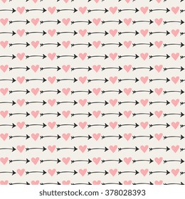 Seamless pattern with hand drawn hearts and arrows in pastel pink and black.