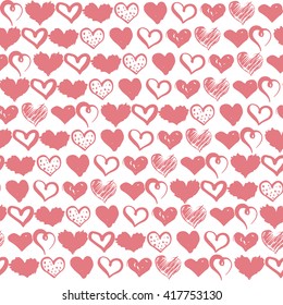 Seamless pattern with hand drawn hearts background. Monochrome brush ink illustration with hearts. 