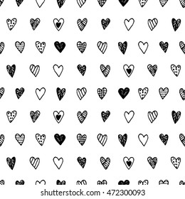 Seamless pattern with hand drawn hearts. Black and white seamless hand drawn texture design for backgrounds. Doodle seamless background. Vector illustration.