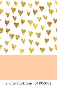 Seamless pattern hand drawn hearts with gold glitter texture and peach horizontal stripe.