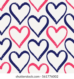 Seamless pattern with hand drawn hearts in blue and pink on cream background.