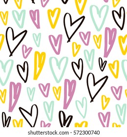 Seamless pattern with hand drawn hearts. Creative expressive background.Vector hearts texture