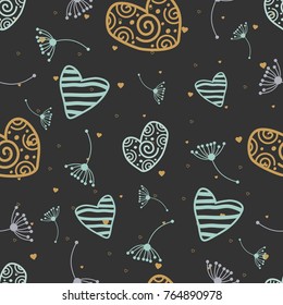 Seamless pattern with hand drawn hearts. Festive labels.