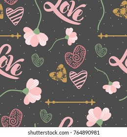 Seamless pattern with hand drawn hearts. Festive labels.
