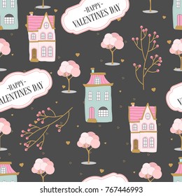 Seamless pattern with hand drawn hearts. Festive labels.
