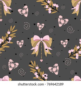 Seamless pattern with hand drawn hearts. Festive labels.