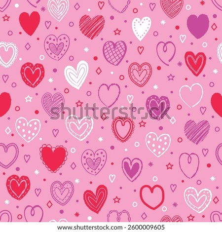 Seamless pattern with hand drawn hearts. Background with elements in cartoon style. Doodles. Design for Valentine’s Day, Mother’s Day and Women’s Day. Vector illustration