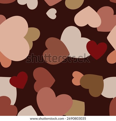 Seamless pattern with hand drawn hearts of different sizes on a dark chocolate background, in soft shades of pink, white and blush, perfect for romantic packaging, cozy textiles and Valentines gifts