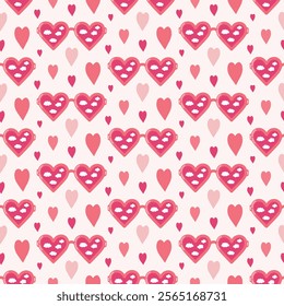 Seamless pattern of hand drawn heart-shaped pink and hearts on isolated background. Design for Valentine’s Day, Wedding, Mother’s day celebration, greeting cards, scrapbooking, home decoration.