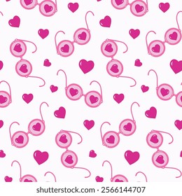 Seamless pattern of hand drawn heart-shaped pink glasses and hearts on isolated background. Design for Valentine’s Day, Wedding, Mother’s day celebration, greeting cards, scrapbooking,home decoration.