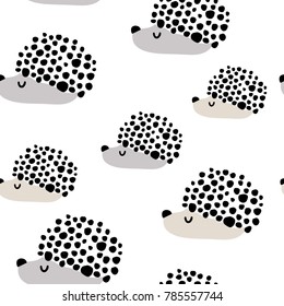 Seamless pattern with hand drawn hedgehogs. Creative monochrome background. Perfect for kids apparel,fabric, textile, nursery decoration,wrapping paper.Vector Illustration