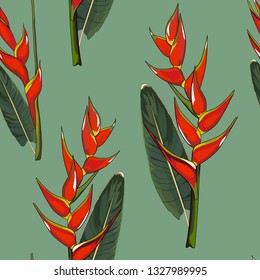 seamless pattern of hand drawn heliconia lobster claw plant