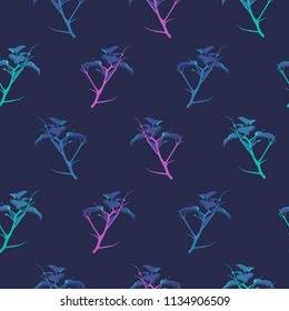 Seamless pattern with hand drawn herb branch and leaf on dark background as fabric, textile, clothes. Vector illustration