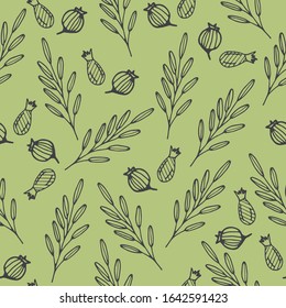 Seamless pattern with hand drawn herbal elements and berries on a green background. It can be used for decoration of textile, paper and other surfaces.