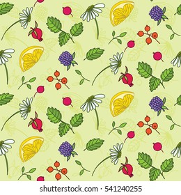 Seamless pattern with hand drawn herbal tea, design elements. Floral background for wedding invitations, greeting cards, scrapbooking, print, gift wrap, manufacturing.