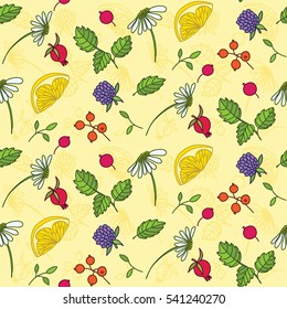 Seamless pattern with hand drawn herbal tea, design elements. Floral background for wedding invitations, greeting cards, scrapbooking, print, gift wrap, manufacturing.
