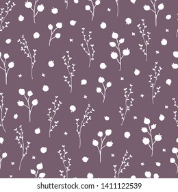 Seamless pattern with hand drawn herbs. Violet background. Drawing plants, butterflies, floral ornament.
