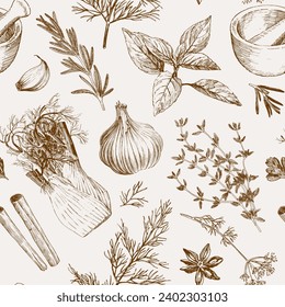 Seamless pattern with hand drawn herbs and spices. Vintage style culinary illustrations, vector