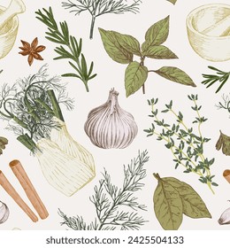 Seamless pattern with hand drawn herbs and spices. Vintage style culinary illustrations, vector	