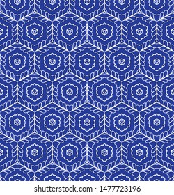 Seamless pattern hand drawn hexagon mosaic background. Geometric delft blue white allover print. Vector line art swatch