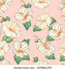 Seamless pattern with hand drawn hibiscus flower and bubbles on peach background, Wallpaper with tropical flowers