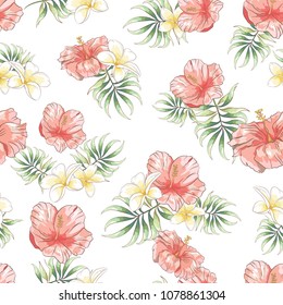 
Seamless pattern with hand drawn hibiscus , plumeria flower and palm leaves on white background, Wallpaper with tropical flowers
