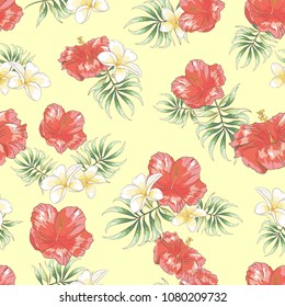 Seamless pattern with hand drawn hibiscus , plumeria flower and palm leaves on yellow background, Wallpaper with tropical flowers
