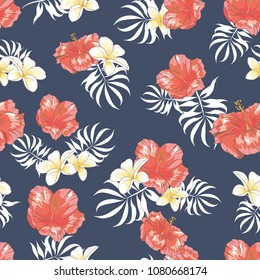 Seamless pattern with hand drawn hibiscus , plumeria flower and palm leaves on dark background, Wallpaper with tropical flowers