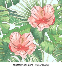 Seamless pattern with hand drawn hibiscus  and palm leaves on blue background, Wallpaper with tropical flowers