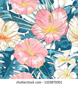 Seamless pattern with hand drawn hibiscus  and palm leaves on white background, Wallpaper with tropical flowers