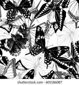 Seamless pattern with hand drawn highly detailed butterflies. Vector illustration