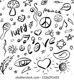 Seamless pattern with hand drawn hippie peace symbol. Hippy pacific sign