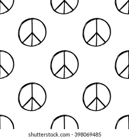 Seamless Pattern With  Hand Drawn Hippie Peace Symbol. Hippy Pacific Sign.  Boho Vintage Fashion. Black And White Wallpaper.